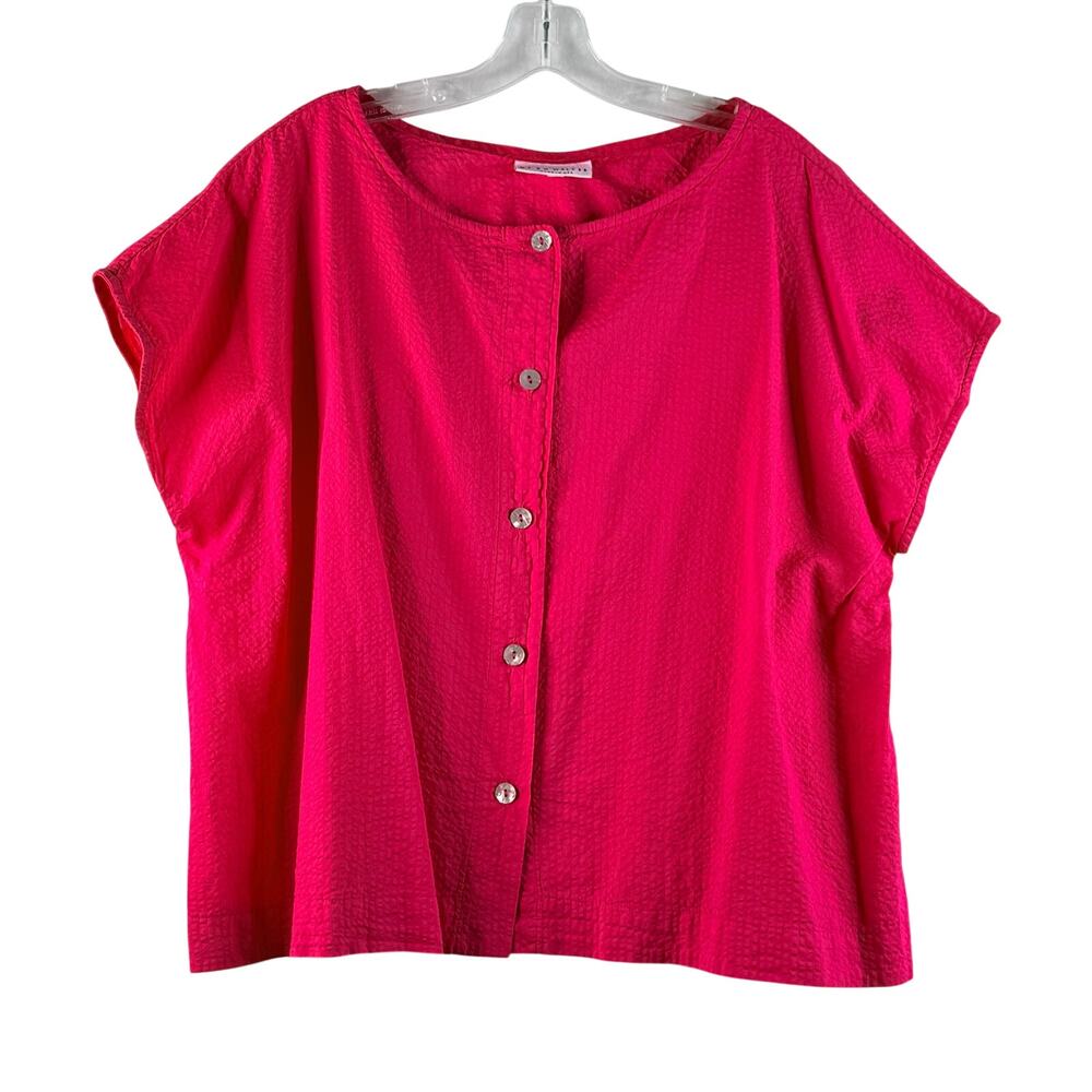 Bryn Walker Bessie Shirt Cotton Seersucker Boxy Button Lantana Pink Women Medium